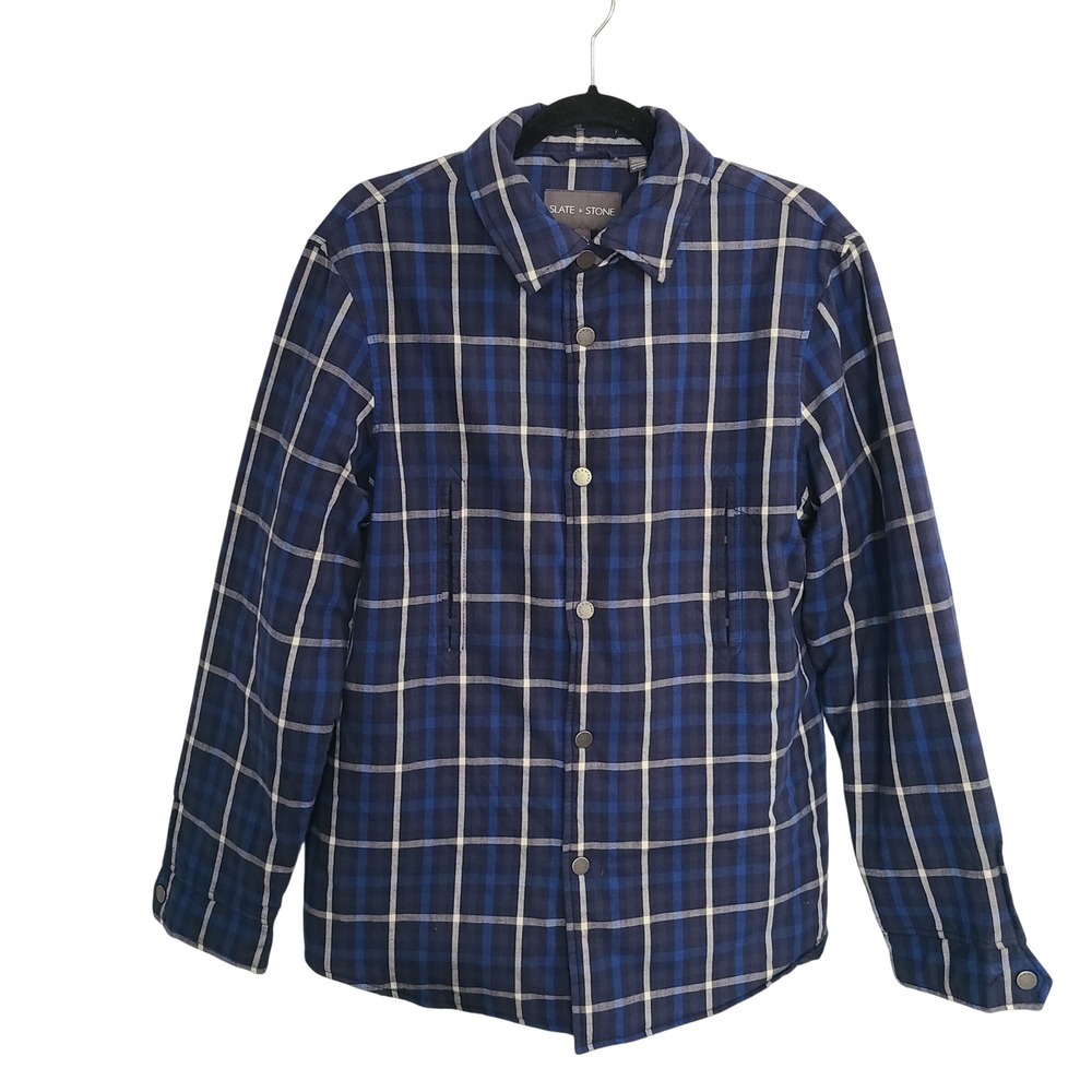 Slate & Stone Mens Plaid Quilted Lined Snap Front Shirt Jacket Blue White Size M
